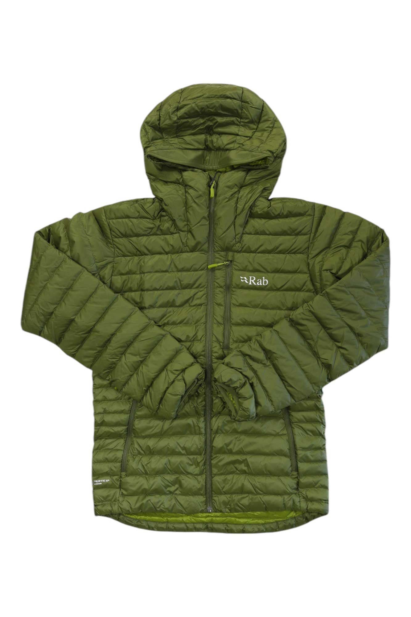 Men's olive green hooded puffer jacket with full-zip and quilted insulation; Rab logo.