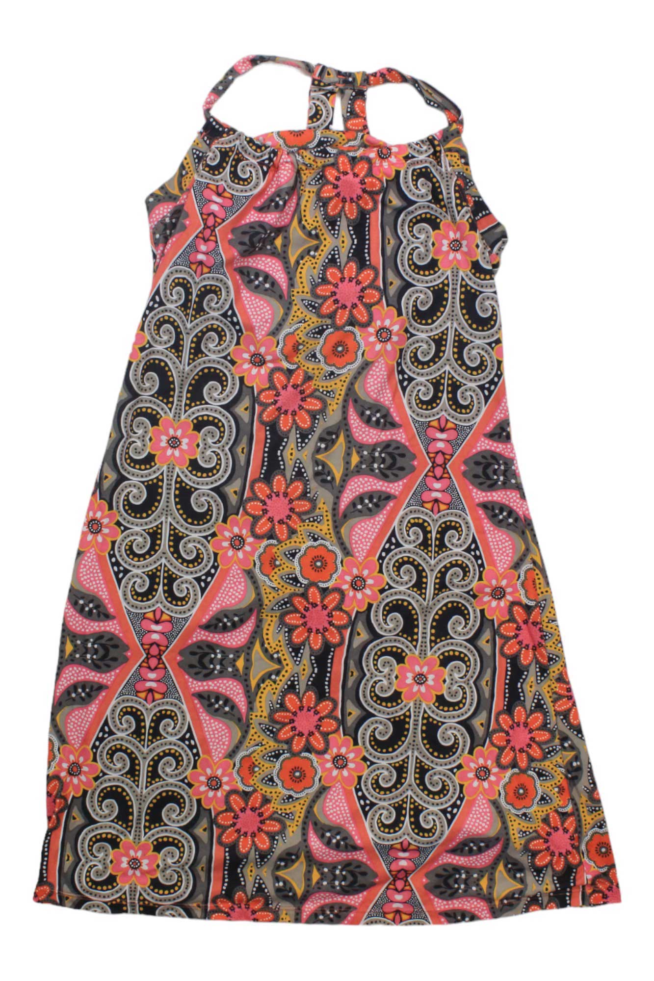 The Prana Womens Sleeveless Dress features a vibrant pink, orange, yellow, black, and gray geometric and floral pattern. Made from recycled materials, it has a chic halter neckline with a stylish back keyhole detail.