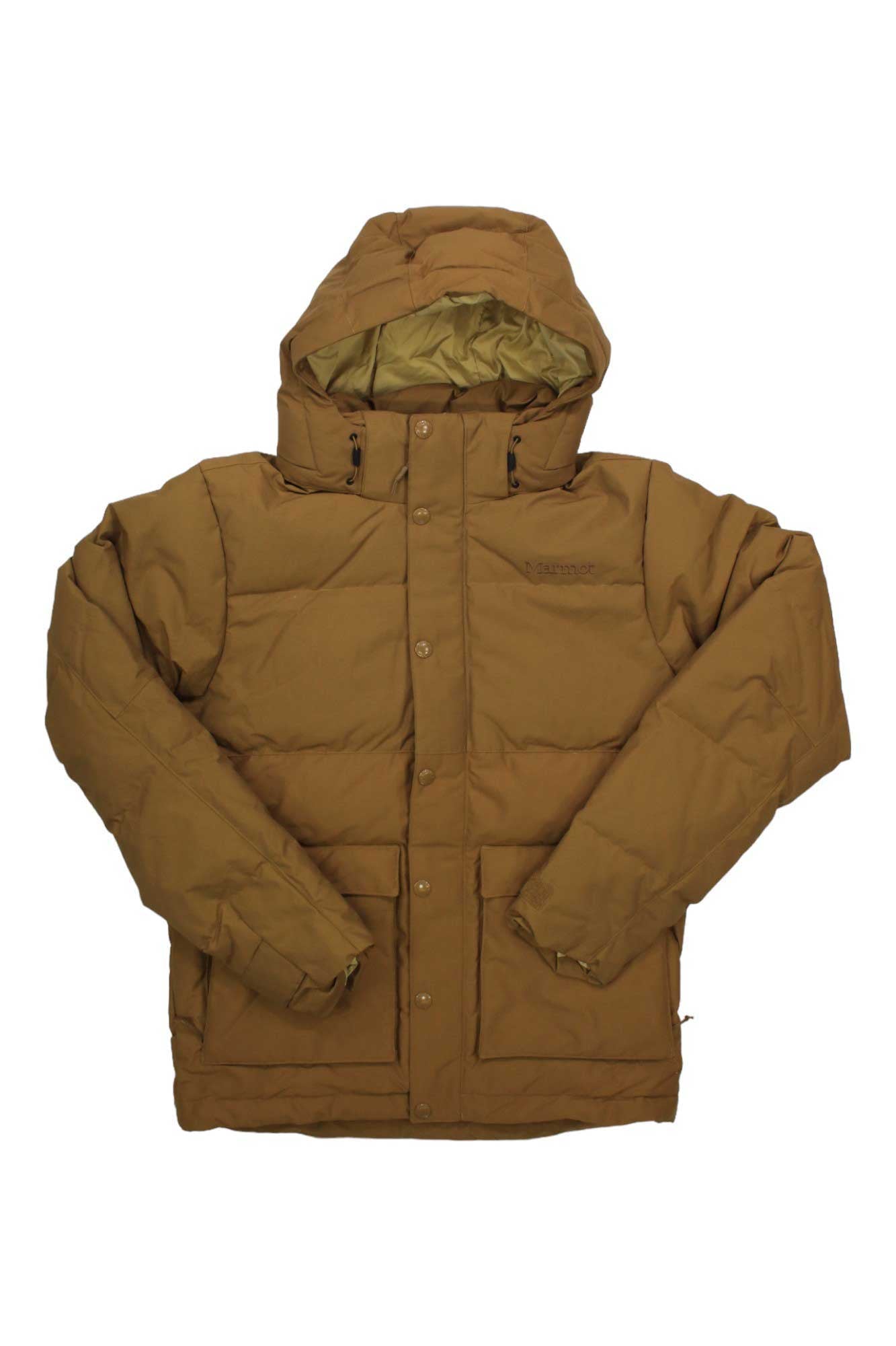 The Mens Fordham Jacket is a brown, hooded waterproof down jacket with 700 fill, long sleeves, snap buttons, and two large front pockets, shown laid flat on a white background.