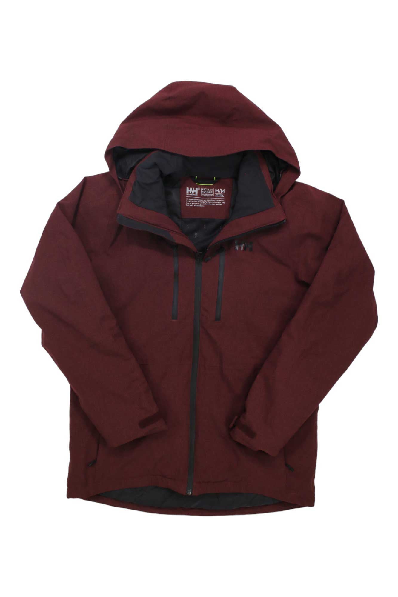 A maroon Helly Hansen Mens Juniper 3.0 Jacket with Primaloft insulation, black zippers, and two vertical chest pockets is shown flat on a white background. The inner collar label is visible.