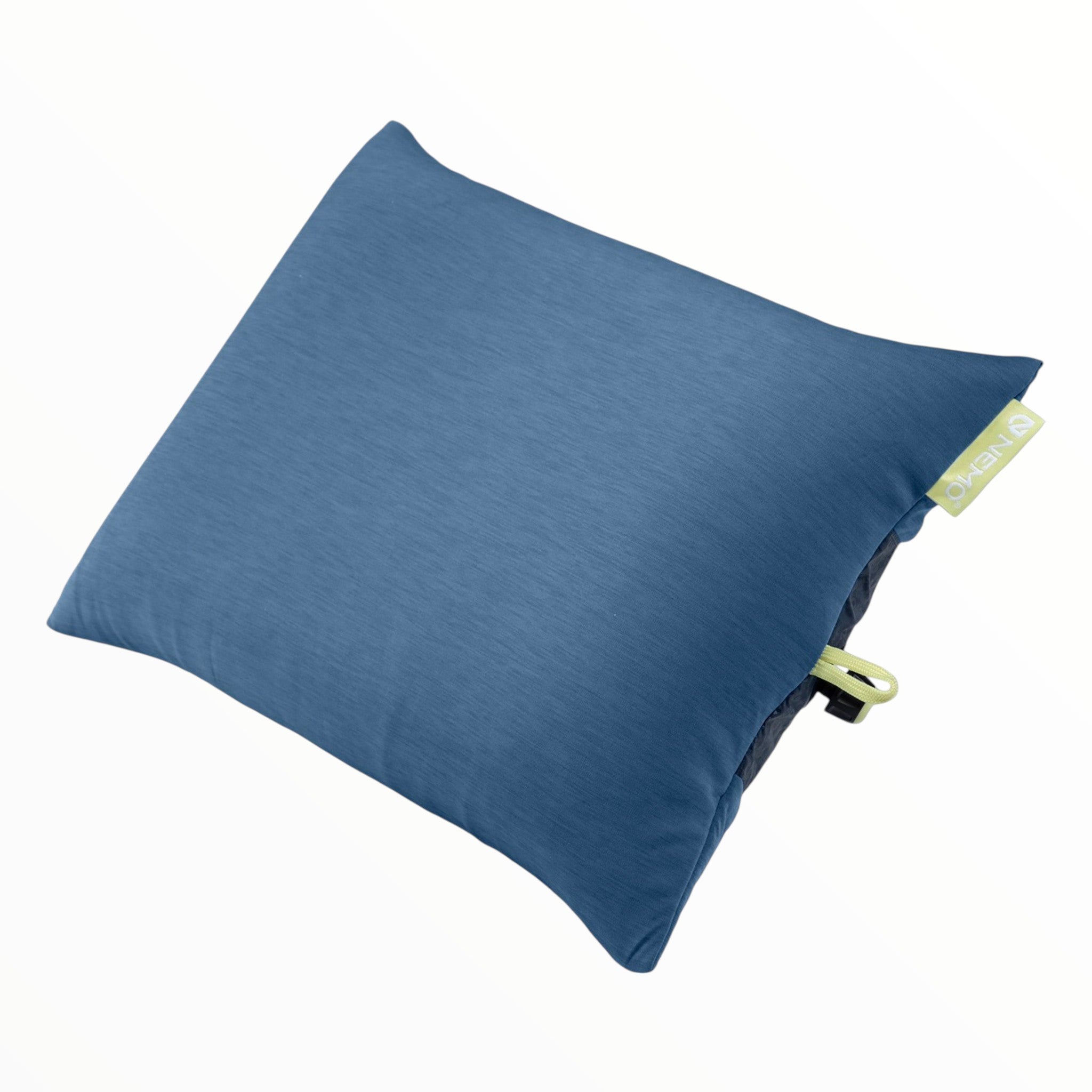The Nemo Fillo Elite Pillow is a rectangular blue camping pillow with a small green tag and an attached strap, shown on a plain white background—perfect for ultralight backpacking due to its compact design.