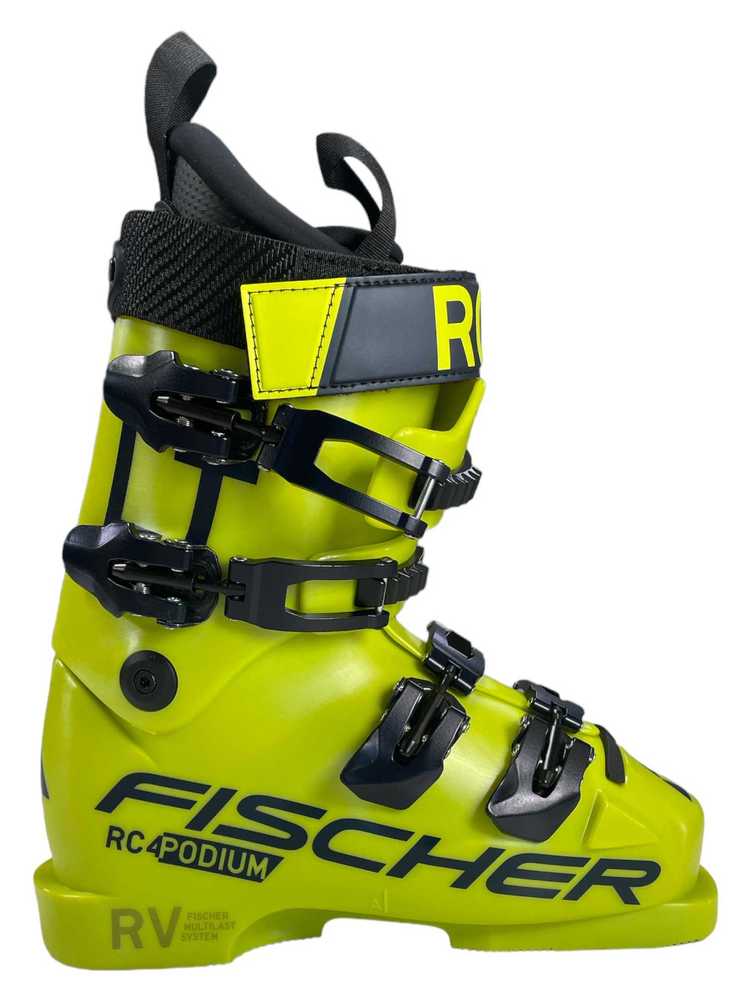The Fischer RC4 Podium LT 70 Ski Boot is a bright yellow junior racing boot with three black adjustable buckles, a black and yellow power strap, bold black branding, and a lightweight, sturdy design.