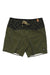 The Howler Brothers Mens Los Vaqueros Boardshort features olive green fabric, a black paisley-print waistband, beige drawstring, and a logo patch on the left leg—offering quick-drying comfort and style for any adventure.