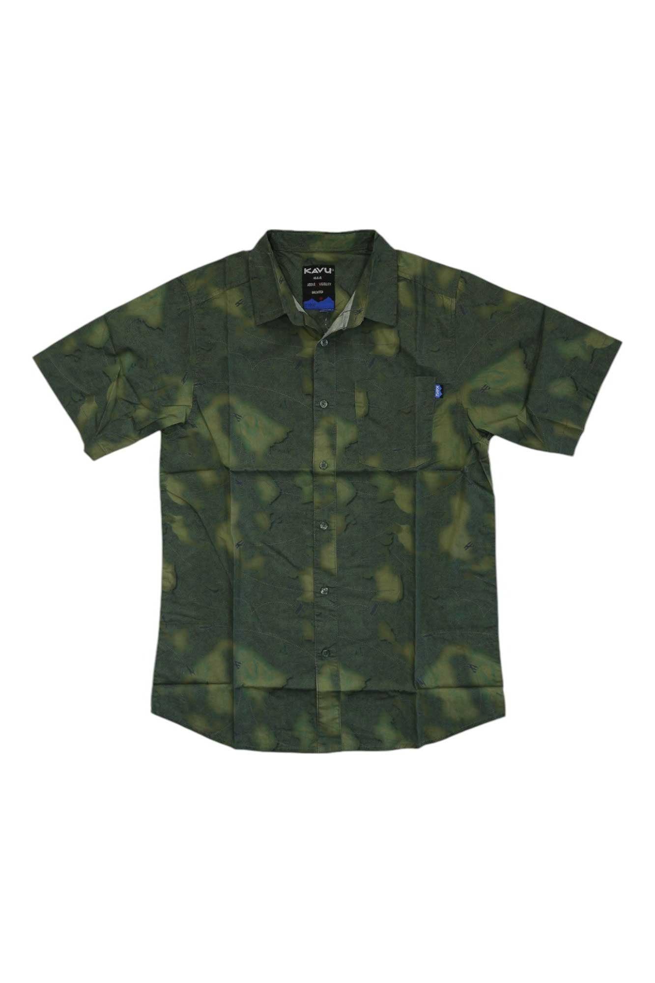 Men's short-sleeve button-up shirt in dark green camo pattern, chest pocket