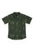Men's short-sleeve button-up shirt in dark green camo pattern, chest pocket