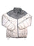 The Women's Micro Ratio Down Jacket features a light gray and white chevron design, front zipper, high collar, and adjustable hem drawstrings. Lightweight and packable, it's laid flat on a white background—ideal for versatile wear.
