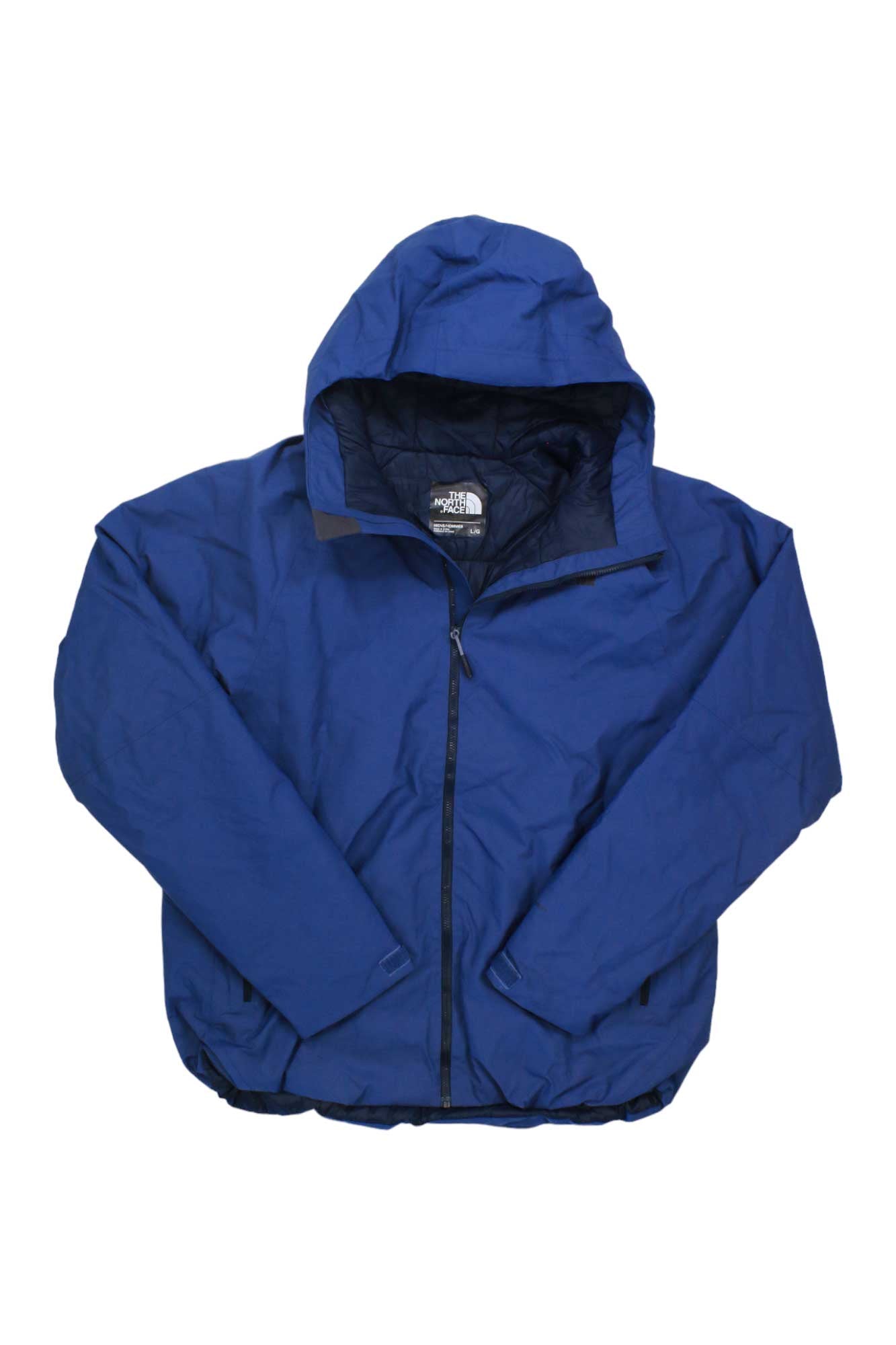 The Men’s FuseForm Apoc Rain Jacket, in blue with a hood, front zipper, long sleeves, and visible North Face logo on the inside collar, is displayed laid flat on a white background.