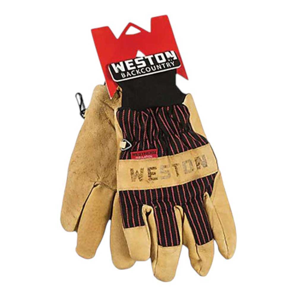 Tan leather gloves with striped red and navy fabric cuffs and stitched palm panels