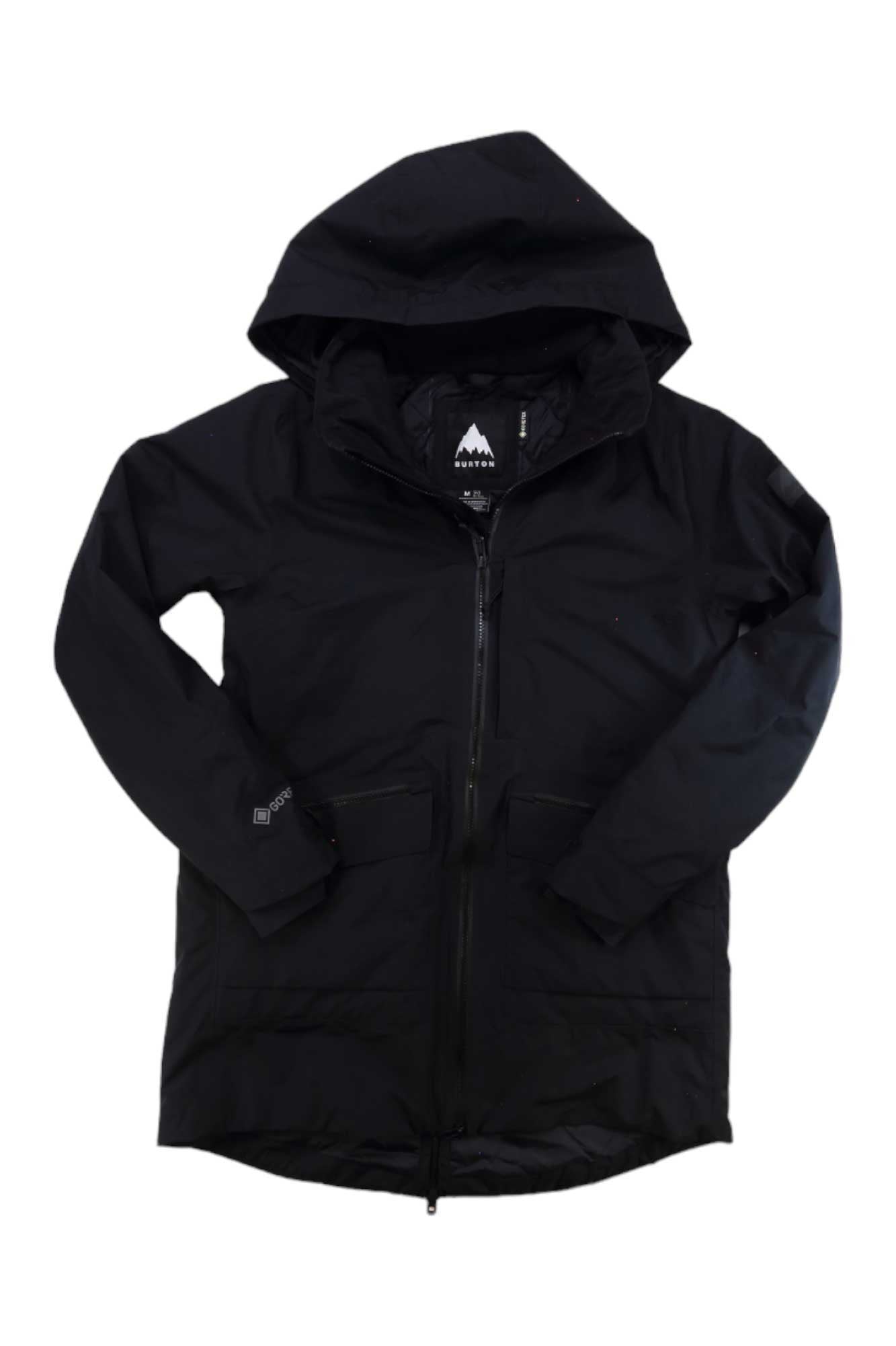 The Burton Womens GTX Treeline Jacket is a black, insulated hiking coat with a hood, front zipper, two large pockets, and long sleeves, shown laid flat on a white background.
