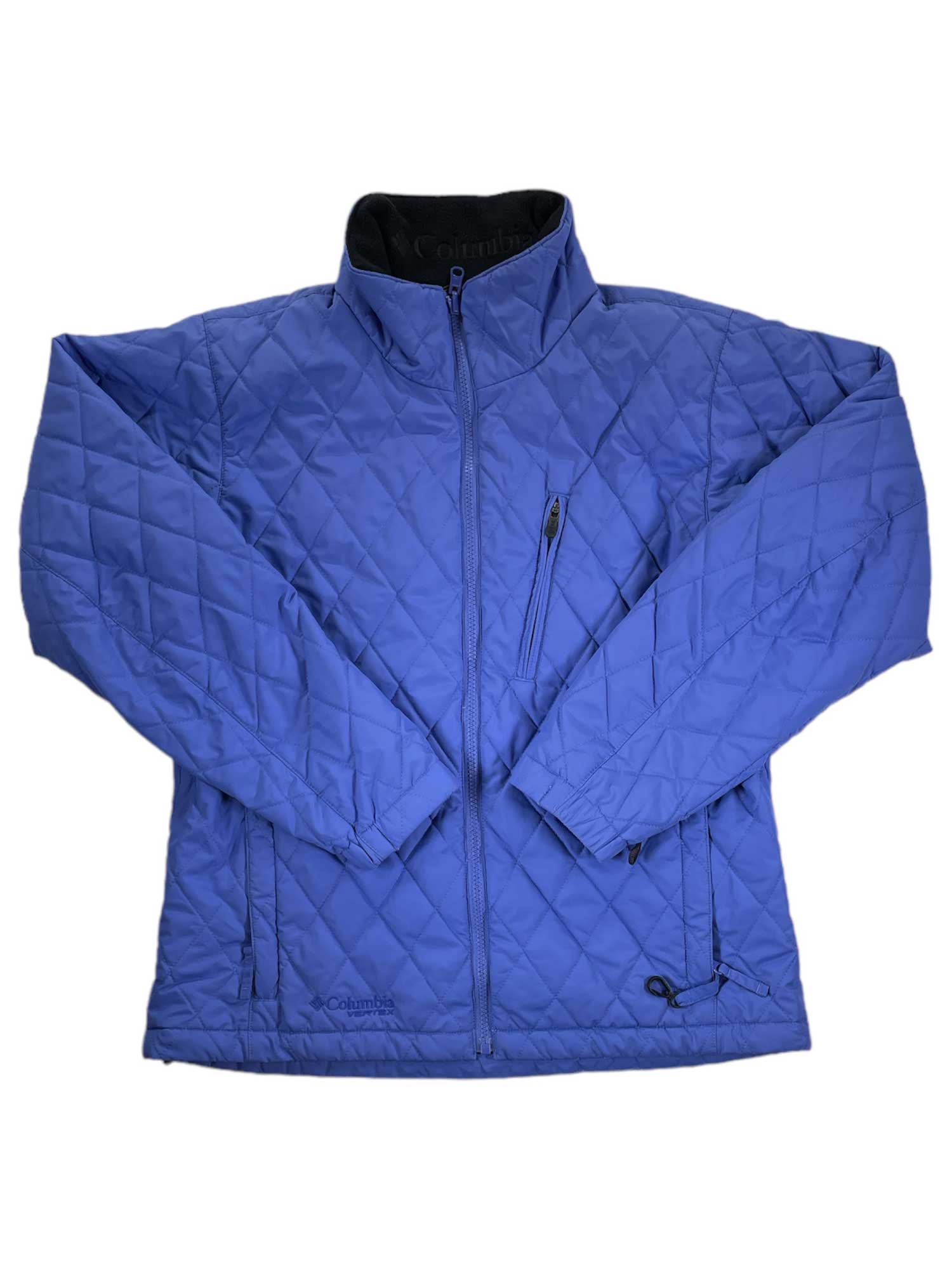 Quilted full-zip jacket in blue with stand collar, long sleeves, and front zipper