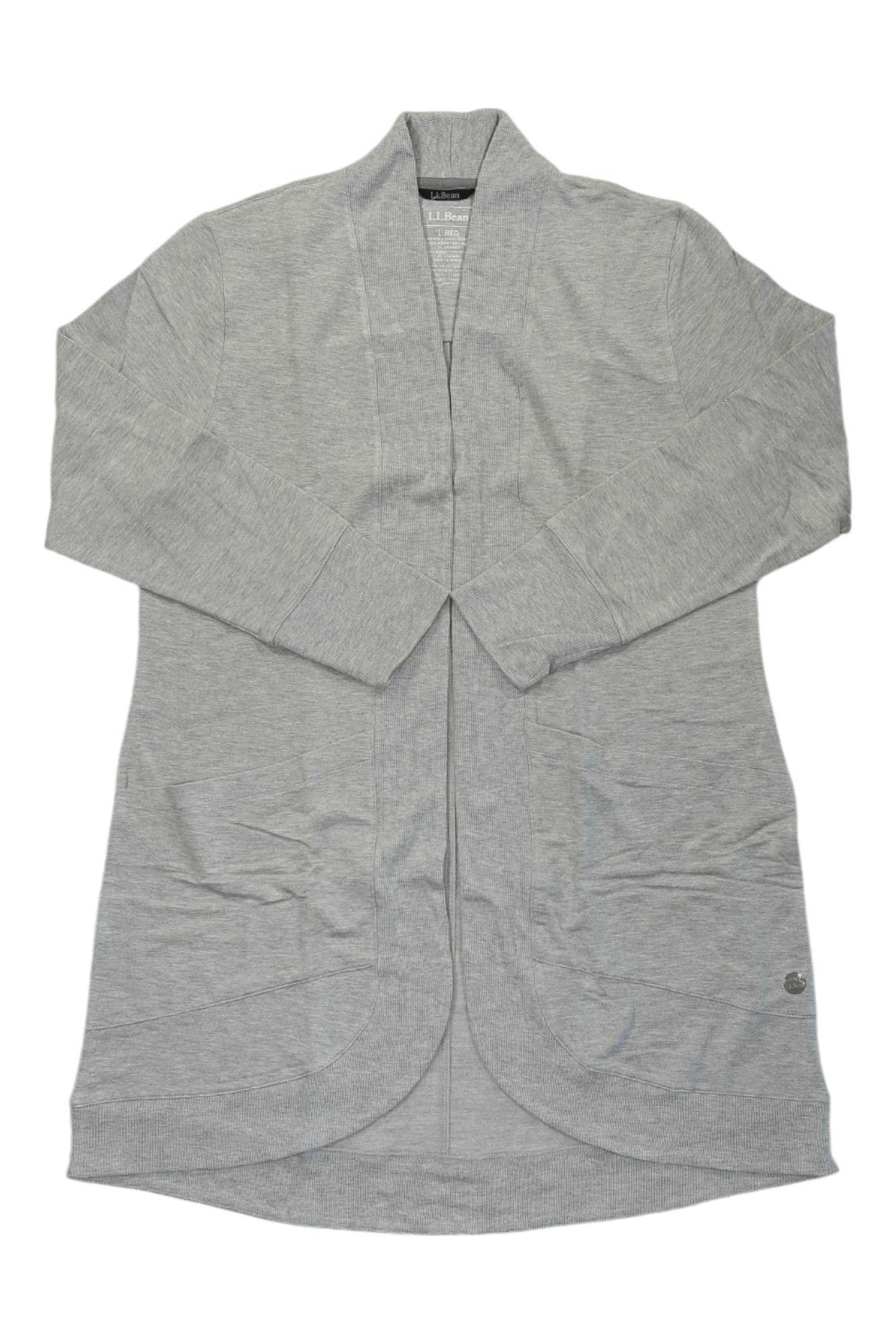 The L.L.Bean Womens Softflex Long Open Cardigan in light gray is laid flat, showcasing its relaxed fit, long sleeves, and a subtle shawl collar for easy layering.