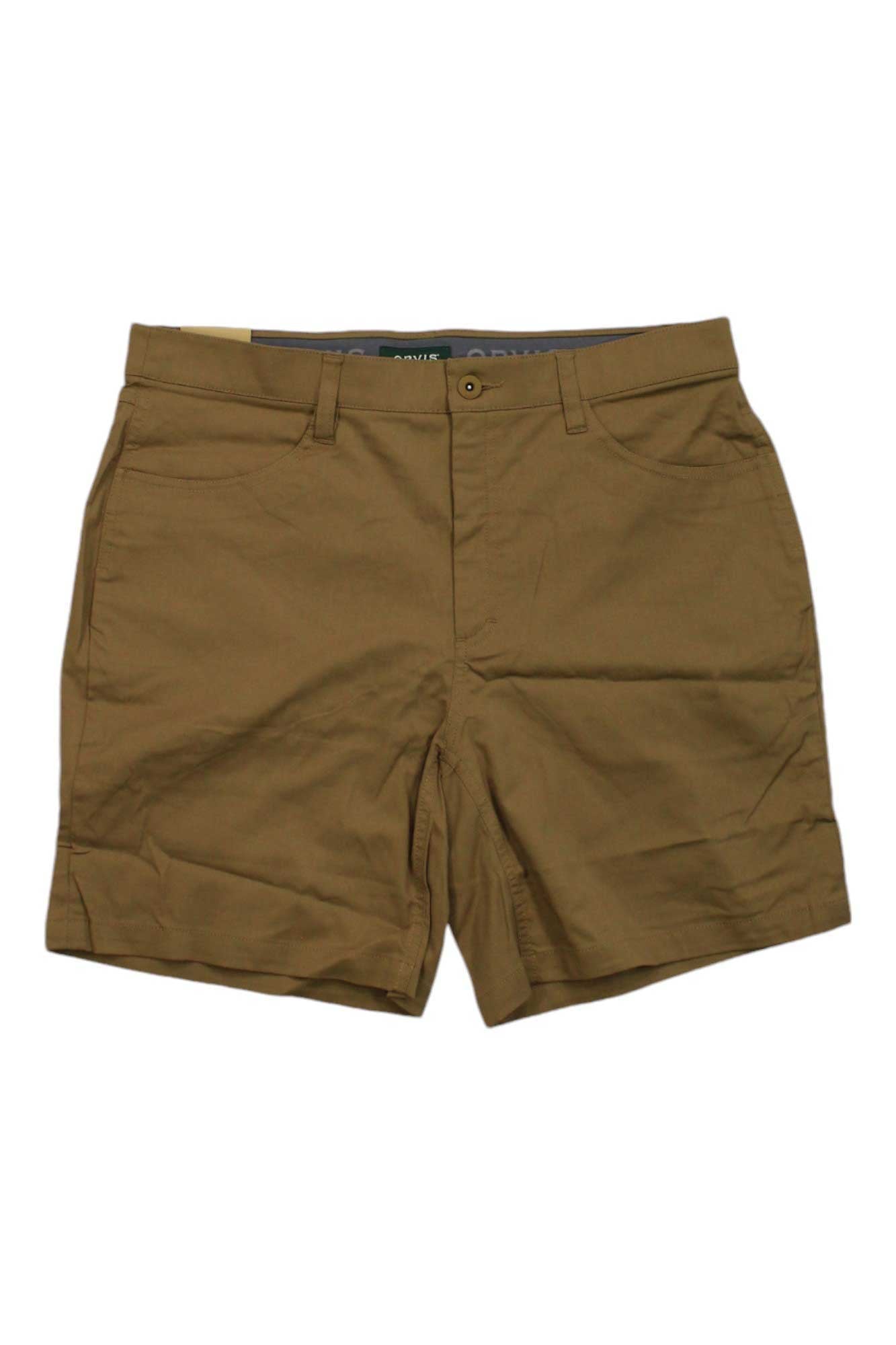 The Orvis Mens O.O.O.O. Short in brown khaki features front pockets and belt loops, laid flat on a white background. These water-repellent shorts offer UPF 30 protection, perfect for outdoor adventures.