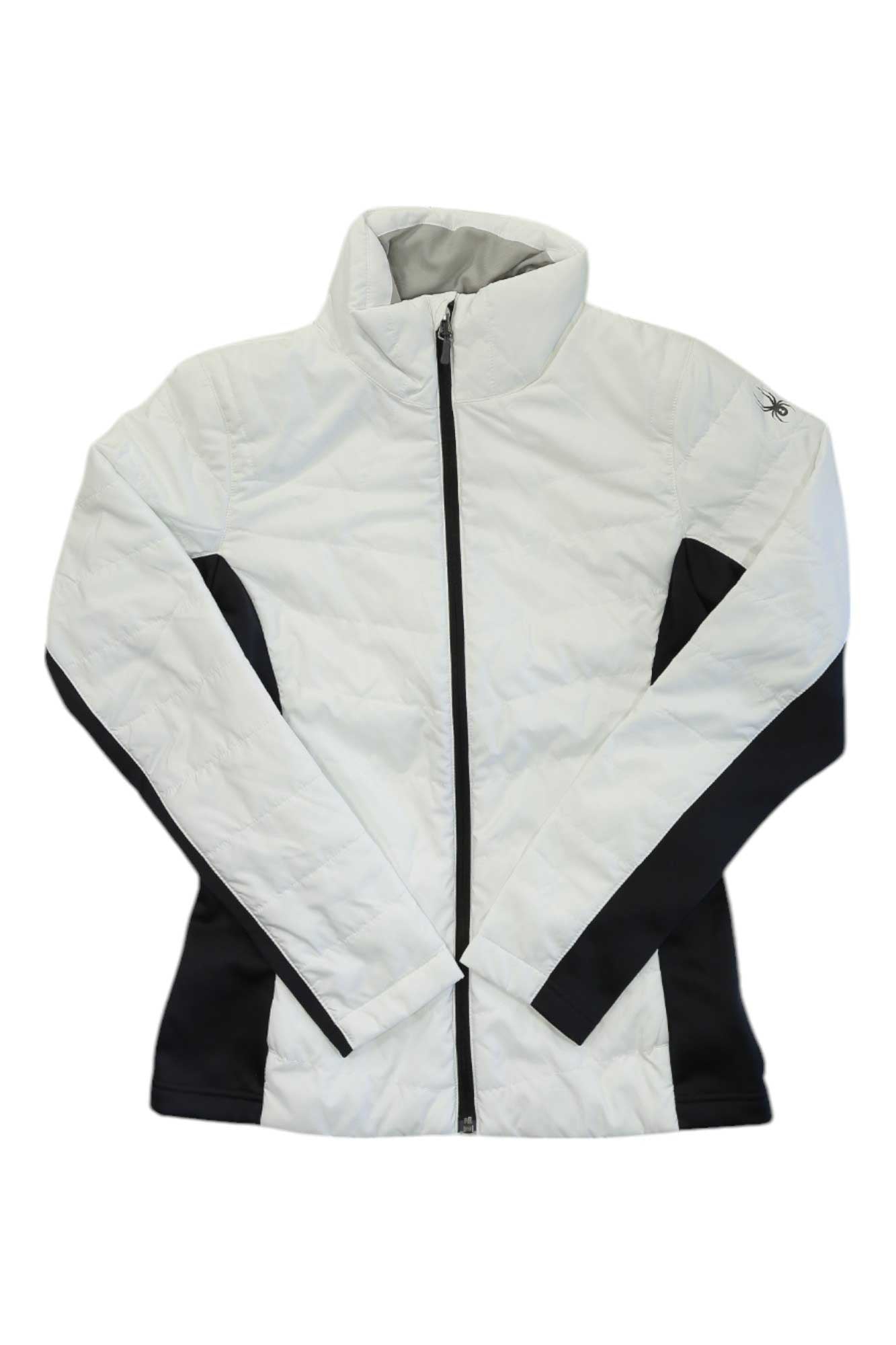 Women's Peak jacket with white body, black sleeves, and full-zip front