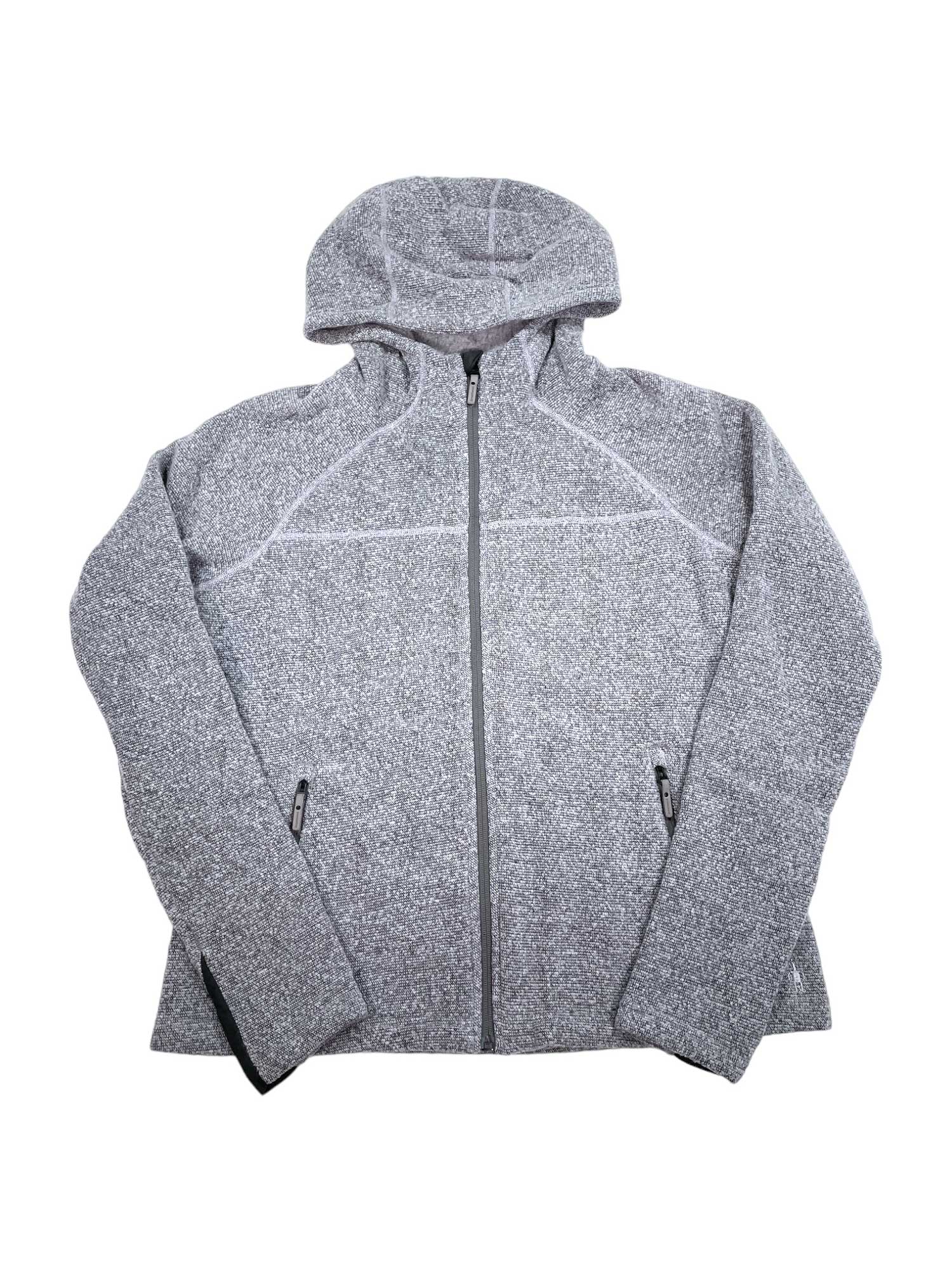 Women’s grey full-zip fleece hoodie with stand collar and zip front pockets