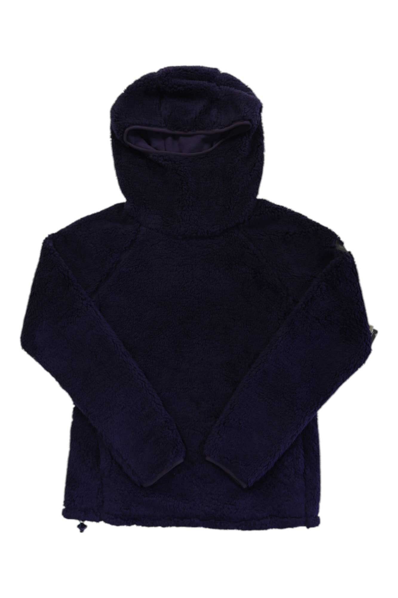 The Burton Womens Lynx Pullover is a dark navy blue, long-sleeve hooded fleece with a face covering and soft, plush texture—ideal for cozy comfort on mountaineering adventures.