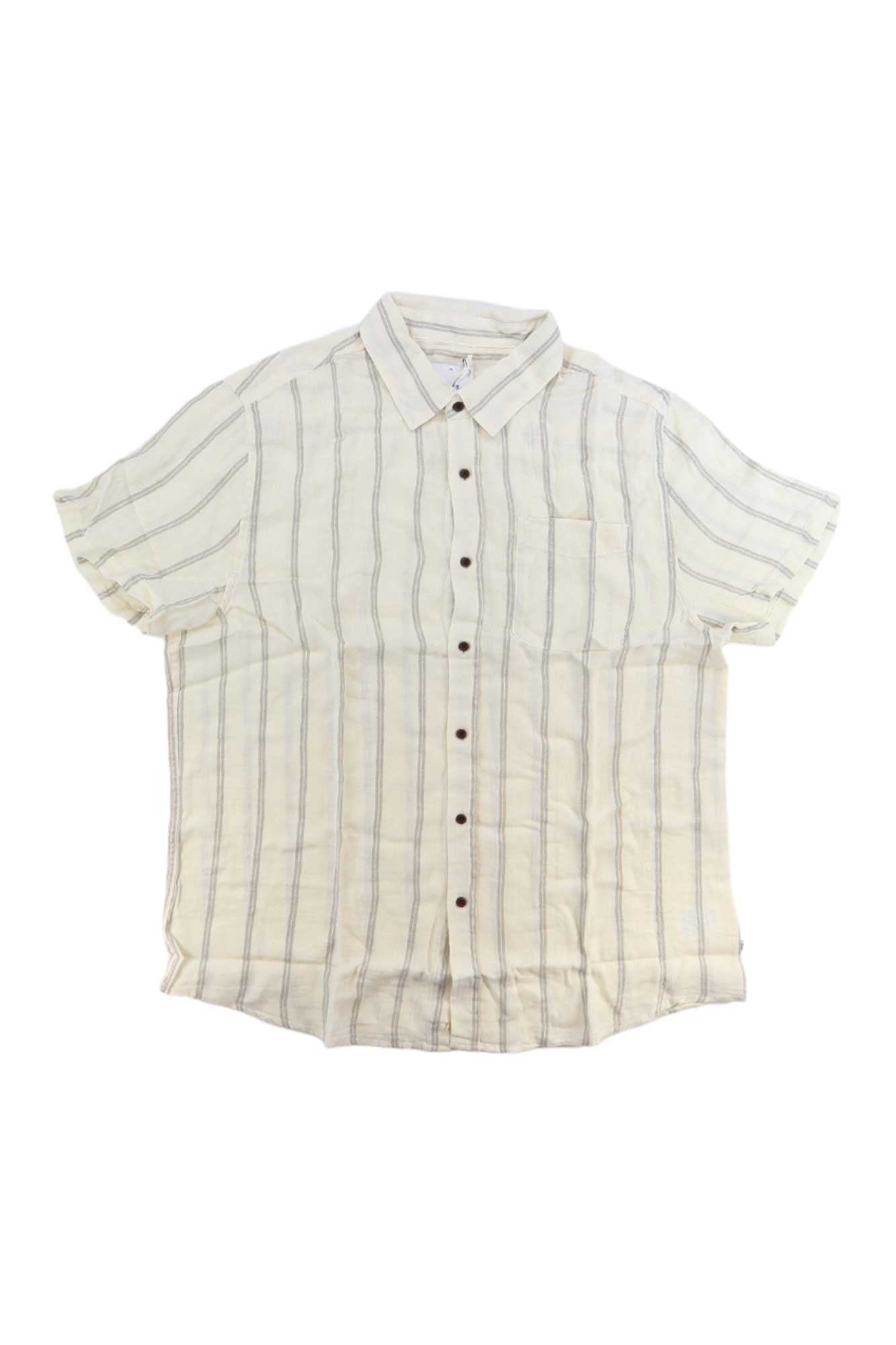 The Katin Men's Alan Shirt is a short-sleeve, casual button-up in light cream with gray vertical stripes, a collar, and single chest pocket—crafted from a cotton linen blend for everyday comfort.