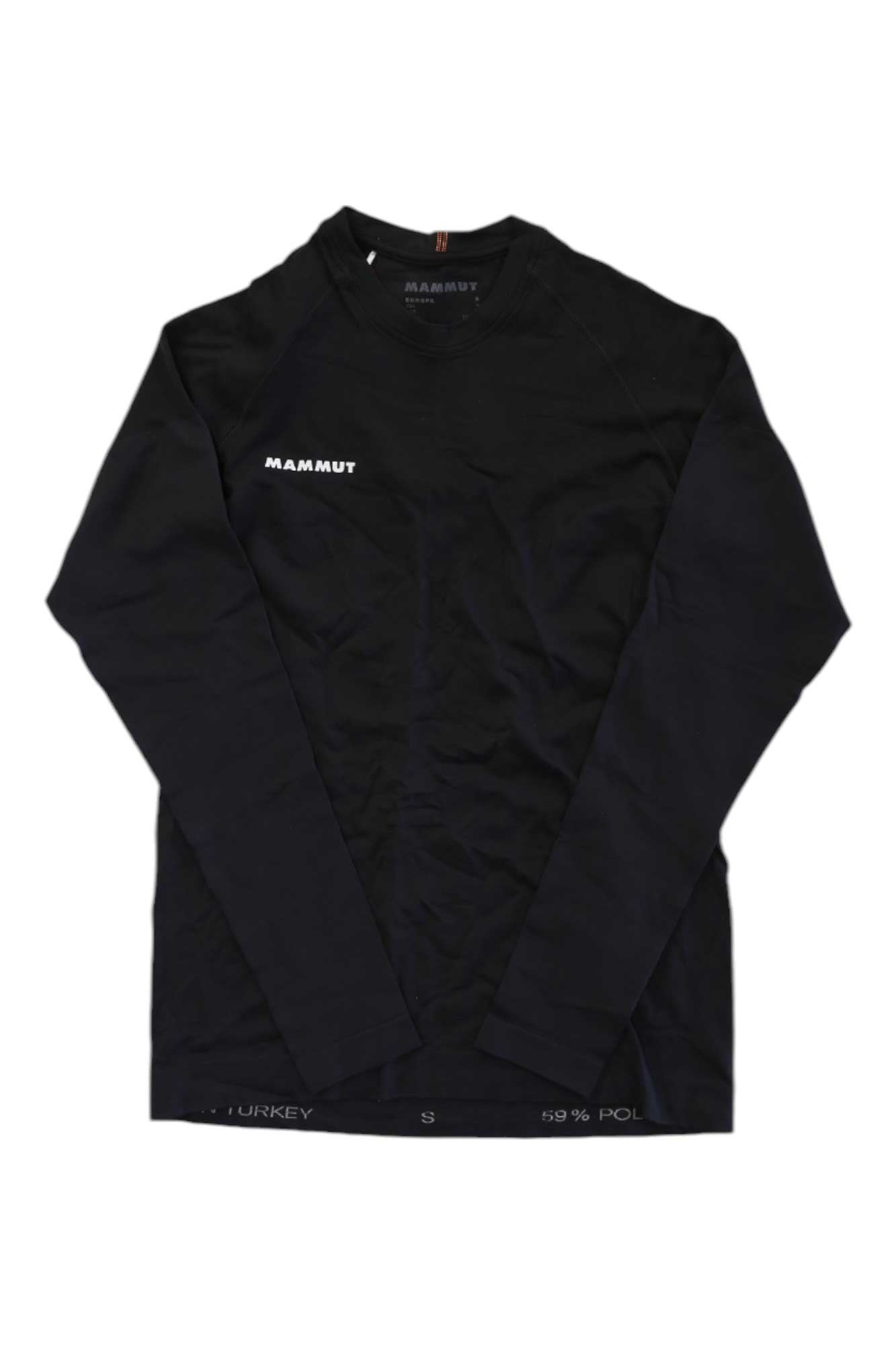 A Mammut Mens Trift Longsleeve Shirt in black is laid flat on a white background, featuring a small white Mammut logo on the left chest.