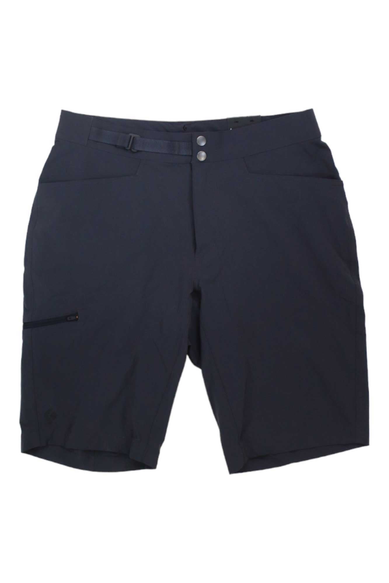 The Black Diamond Mens Valley 11.5 Short is a water-resistant, black, knee-length short featuring two front pockets, a side zipper pocket, belt loops, and a double-button waist closure.