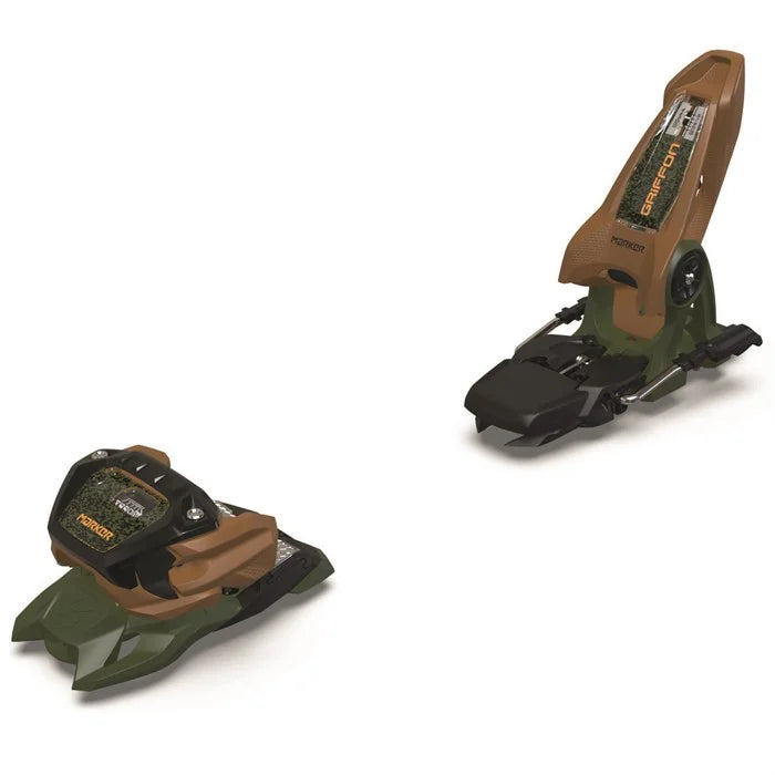 Ski binding with brown top plate and black mounting components