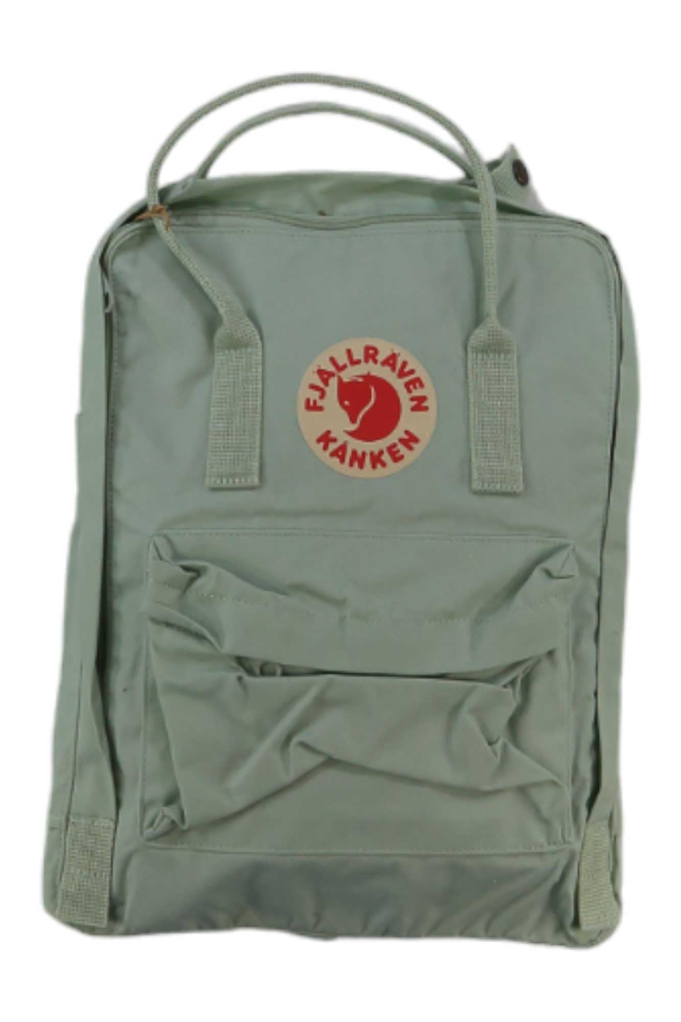 The Kanken Pack is a light green, water-resistant backpack with a front pocket, Fjällräven’s signature red and white fox logo, two top handles, and adjustable shoulder straps—ideal for outdoor adventures.