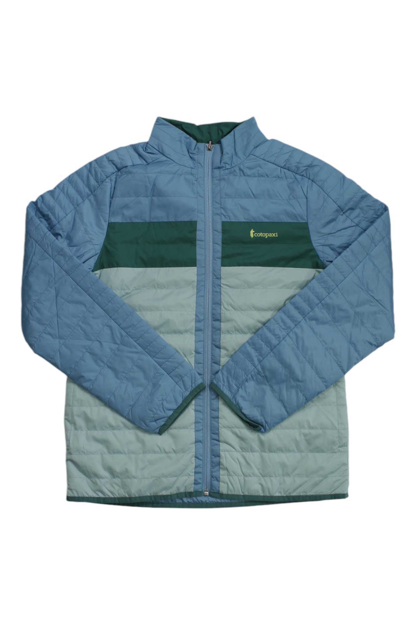 The Cotopaxi Kids Capa Insulated Jacket is a light blue and sage green zip-up with a dark green chest stripe and yellow Cotopaxi logo—perfect for outdoor adventures.