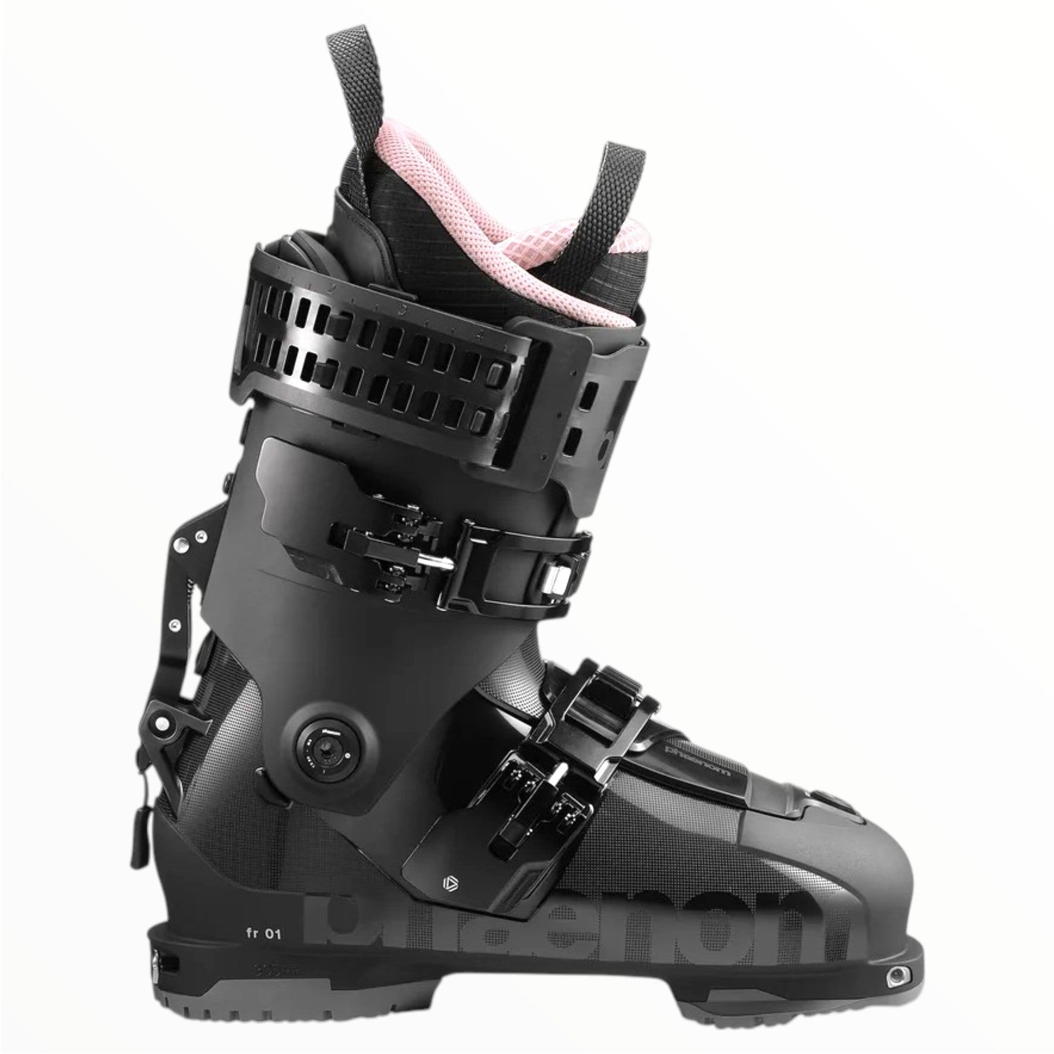 The Phaenom FR 01 100 Ski Boot by Phaenom is a black freeride boot with pink inner padding, multiple adjustable buckles and straps for a secure fit, displayed in side profile on a white background.