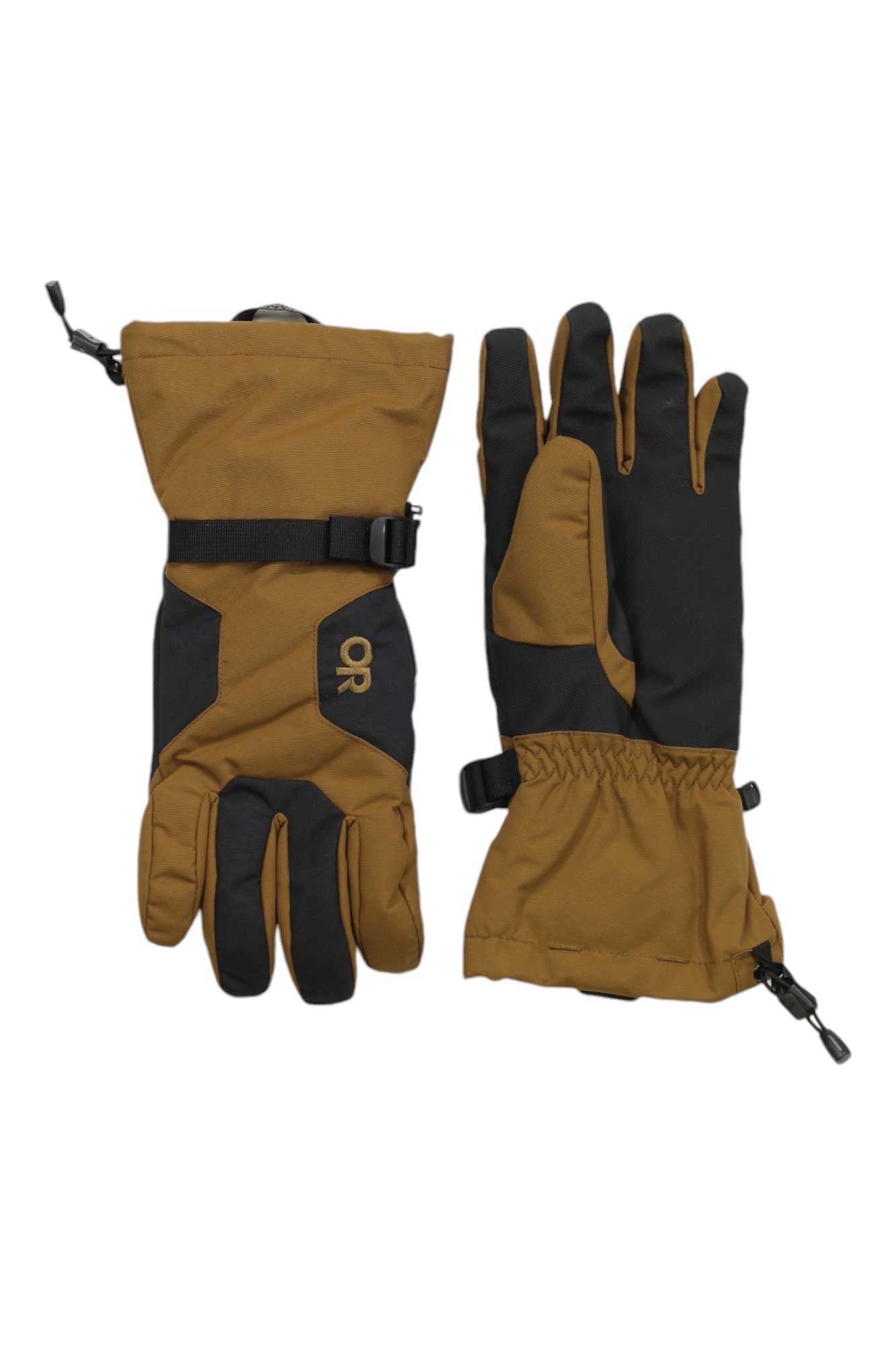 The Outdoor Research Mens Adrenaline Glove, in brown and black with adjustable straps and clips, is shown with one palm up and the other down. "OR" appears on the back—ideal insulated winter or waterproof ski gloves.