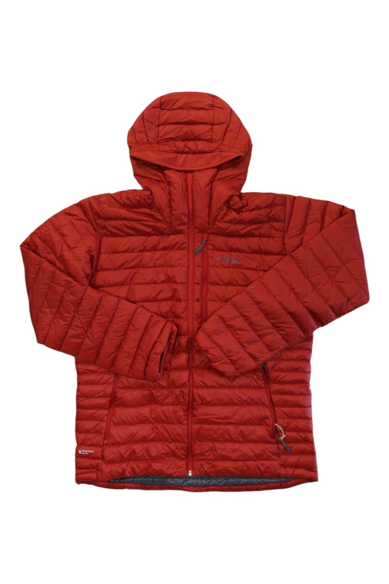 Men's red hooded puffer jacket with full-zip, quilted insulation, and Rab logo.