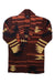 Women’s graphic sweater coat featuring burgundy, orange, navy, and cream geometric motifs