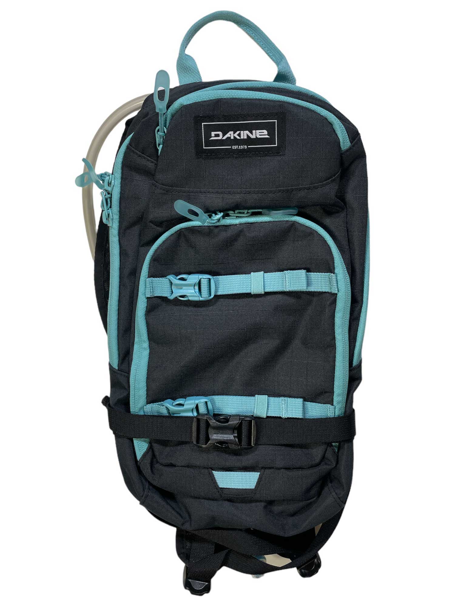 The Dakine Womens Session 8L Hydration Pack in black features light blue zippers and straps, multiple compartments, a front buckle, and a side hydration tube—perfect for women’s mountain biking and outdoor adventures.