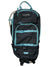 The Dakine Womens Session 8L Hydration Pack in black features light blue zippers and straps, multiple compartments, a front buckle, and a side hydration tube—perfect for women’s mountain biking and outdoor adventures.