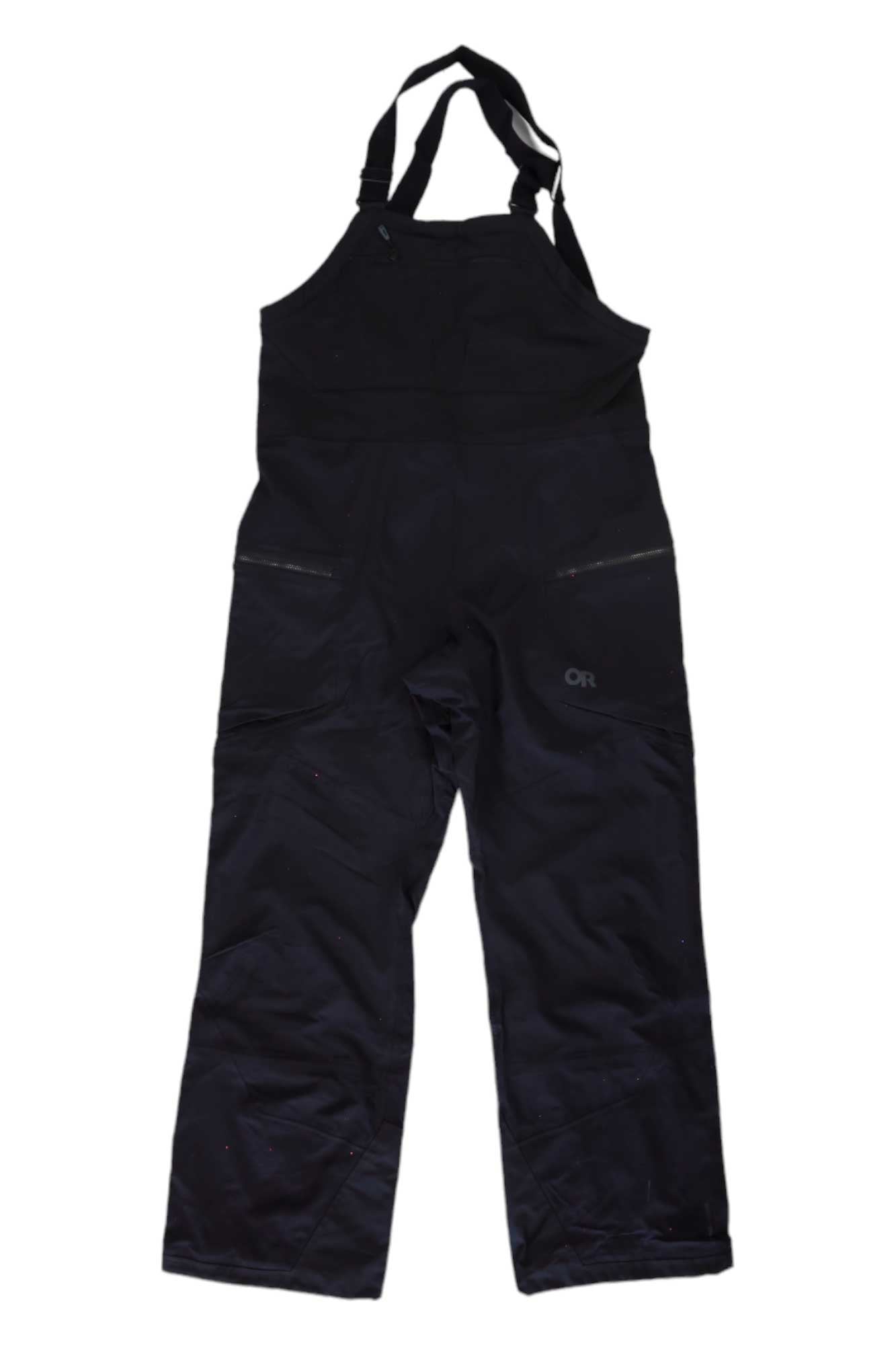 The Outdoor Research Womens Skytour AscentShell Bib Pant, black and waterproof with adjustable shoulder straps and zippered pockets, designed for women’s outdoor use, is shown laid flat on a white background.