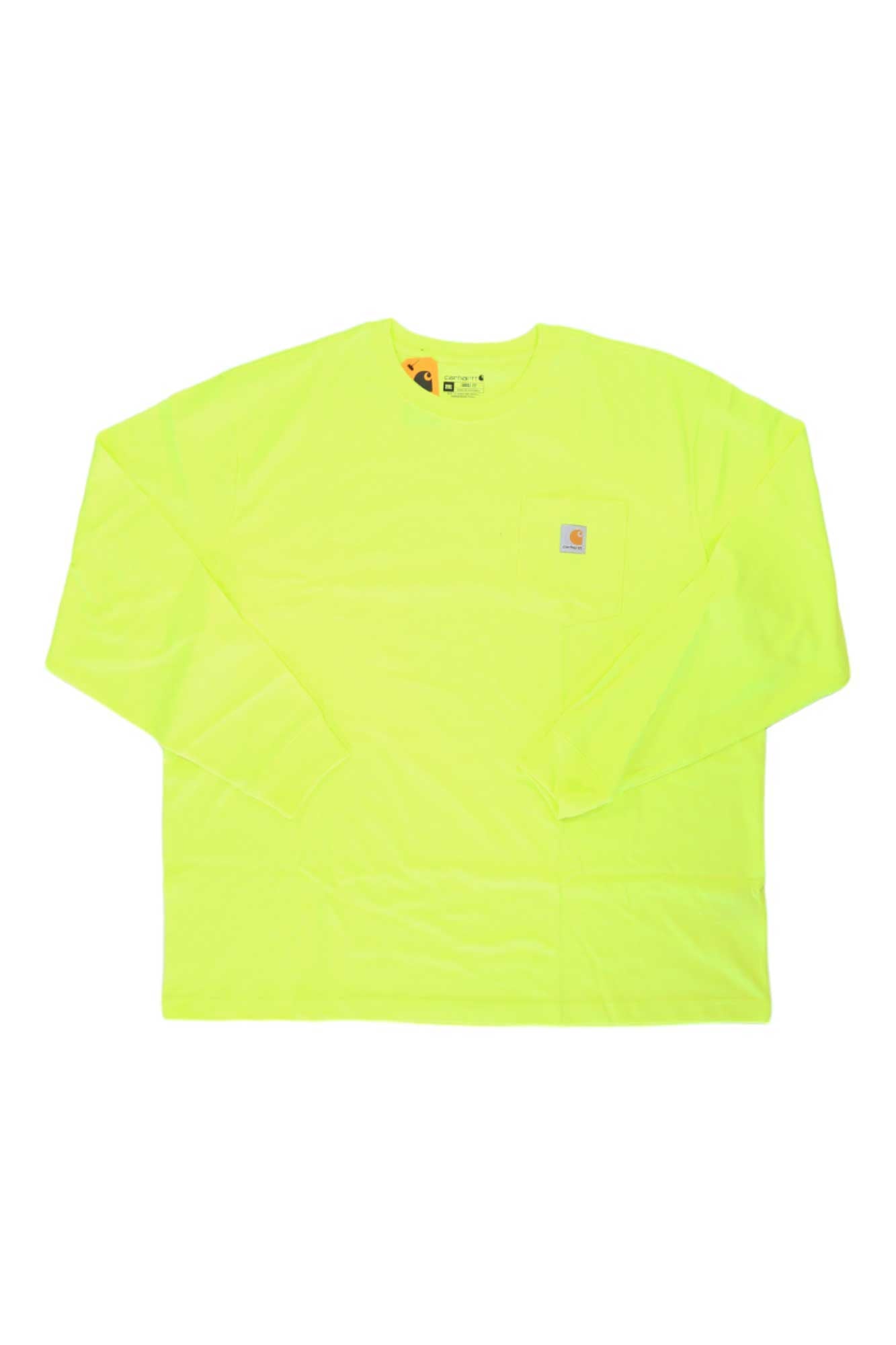 The Carhartt Mens Workwear Pocket Long Sleeve T-Shirt in neon yellow features a crew neck and a small chest pocket with a Carhartt logo patch. The shirt is displayed flat on a white background.