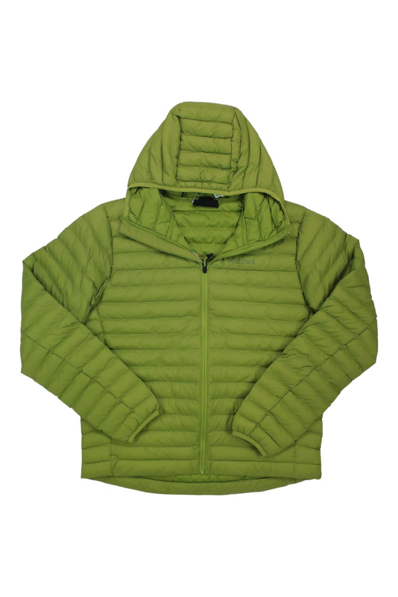 A green Marmot Men's Echo Featherless Hoody, featuring a hood, full front zipper, long sleeves, and quilted recycled nylon with Thinsulate featherless insulation, is laid flat on a white background.