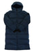 Womens hooded down parka, deep blue with front zipper and quilted panels