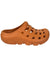 The Oboz Whakata Coast Sandal is an orange slip-on clog with multiple ventilation holes and a thick, textured sole, shown from the side against a white background.