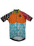 The Heat Map Cycling Jersey features orange camouflage, blue mountains, a zebra stripe sleeve, red bandana detail, green trim, and bold neckline text—designed for pro-level cycling performance.
