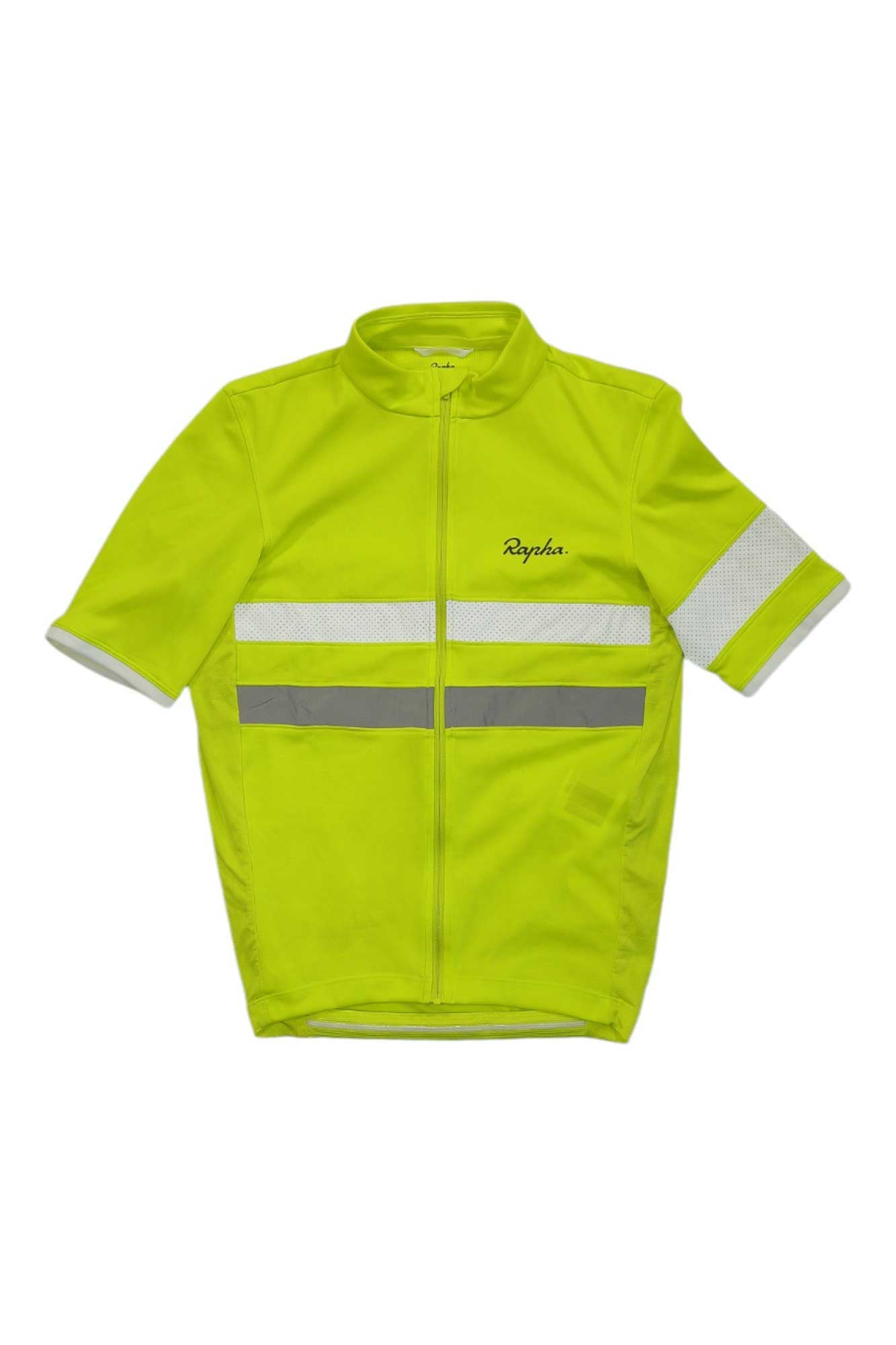 The Rapha Brevet Lightweight Jersey is a bright yellow cycling jersey featuring a front zipper, reflective chest and sleeve stripes, and the Rapha logo on the upper left chest—an essential piece for technical rides.