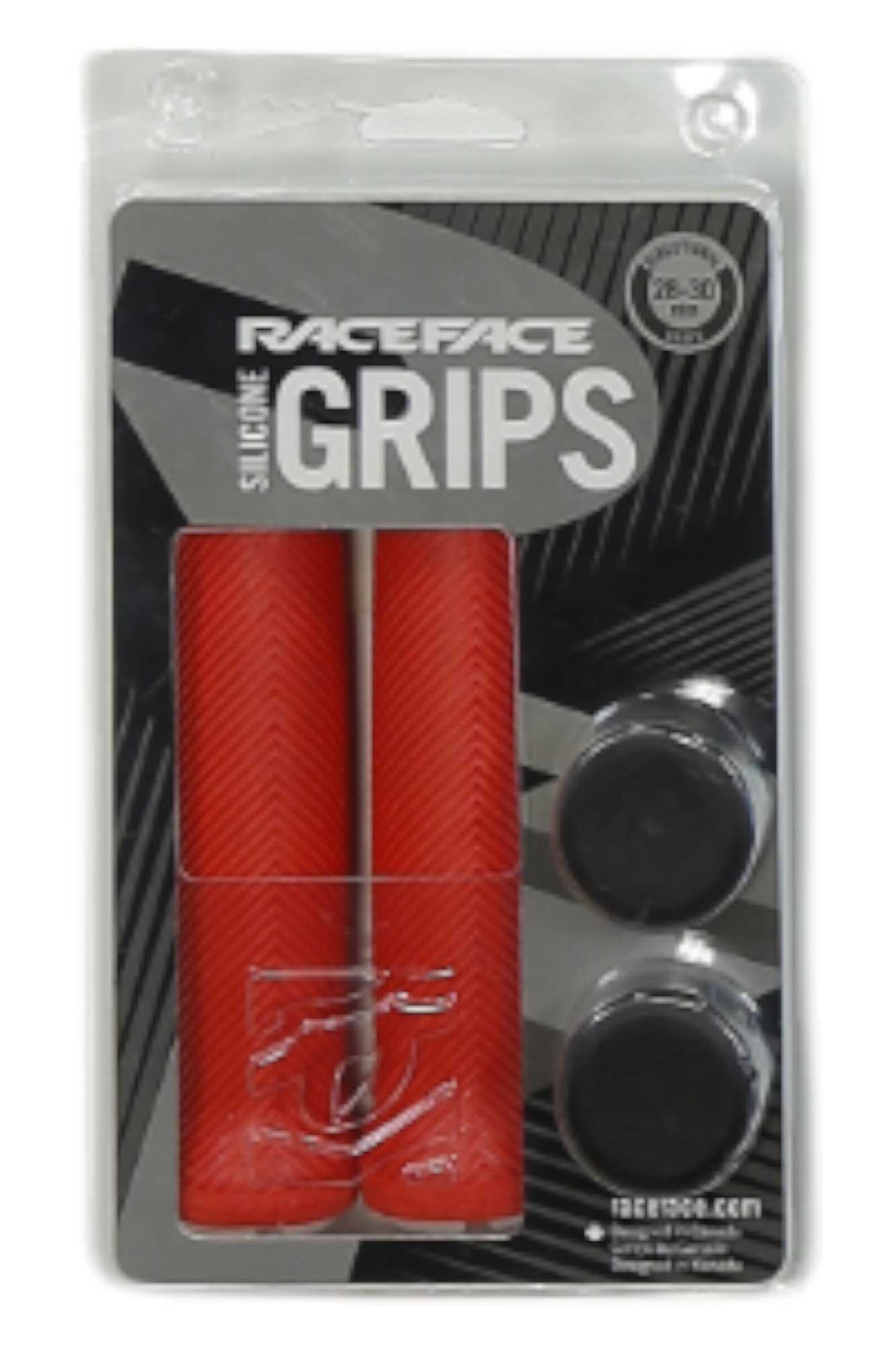 The Race Face Lovehandle Grip retail package includes two red silicone grips and black bar end plugs, ideal for mountain bike handlebars. Product details are printed on the front of the packaging.