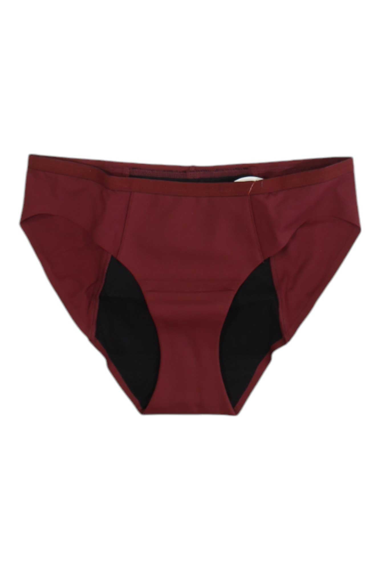 Proof Women's Period & Leak Proof Bikini in maroon and black, featuring a simple, seamless design, shown on a plain white background.