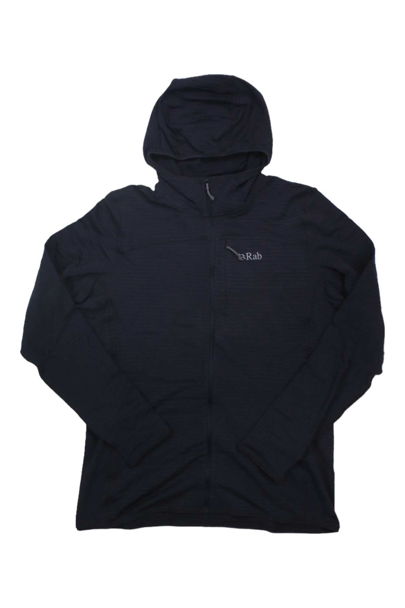Women's Rab light hoody in dark beluga, zip front, hood with drawstrings, front pockets.