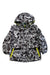 The Obermeyer Boys M-Way Jacket is an insulated ski jacket with HydroBlock Sport fabric, black/white/gray camo design, front zipper, two black zippered pockets with yellow trim, and a left sleeve patch.