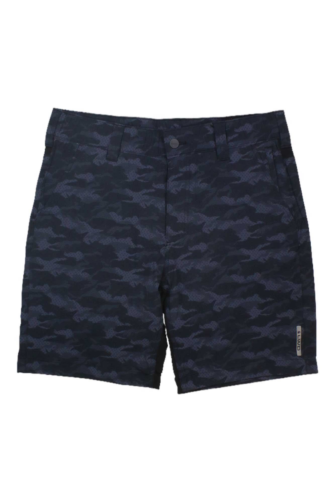 The Carhartt Men's LWD Relaxed Fit Hybrid Short in navy blue camo features 4-way stretch nylon, belt loops, button closure, and side pockets, shown against a white background.