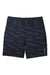 The Carhartt Men's LWD Relaxed Fit Hybrid Short in navy blue camo features 4-way stretch nylon, belt loops, button closure, and side pockets, shown against a white background.
