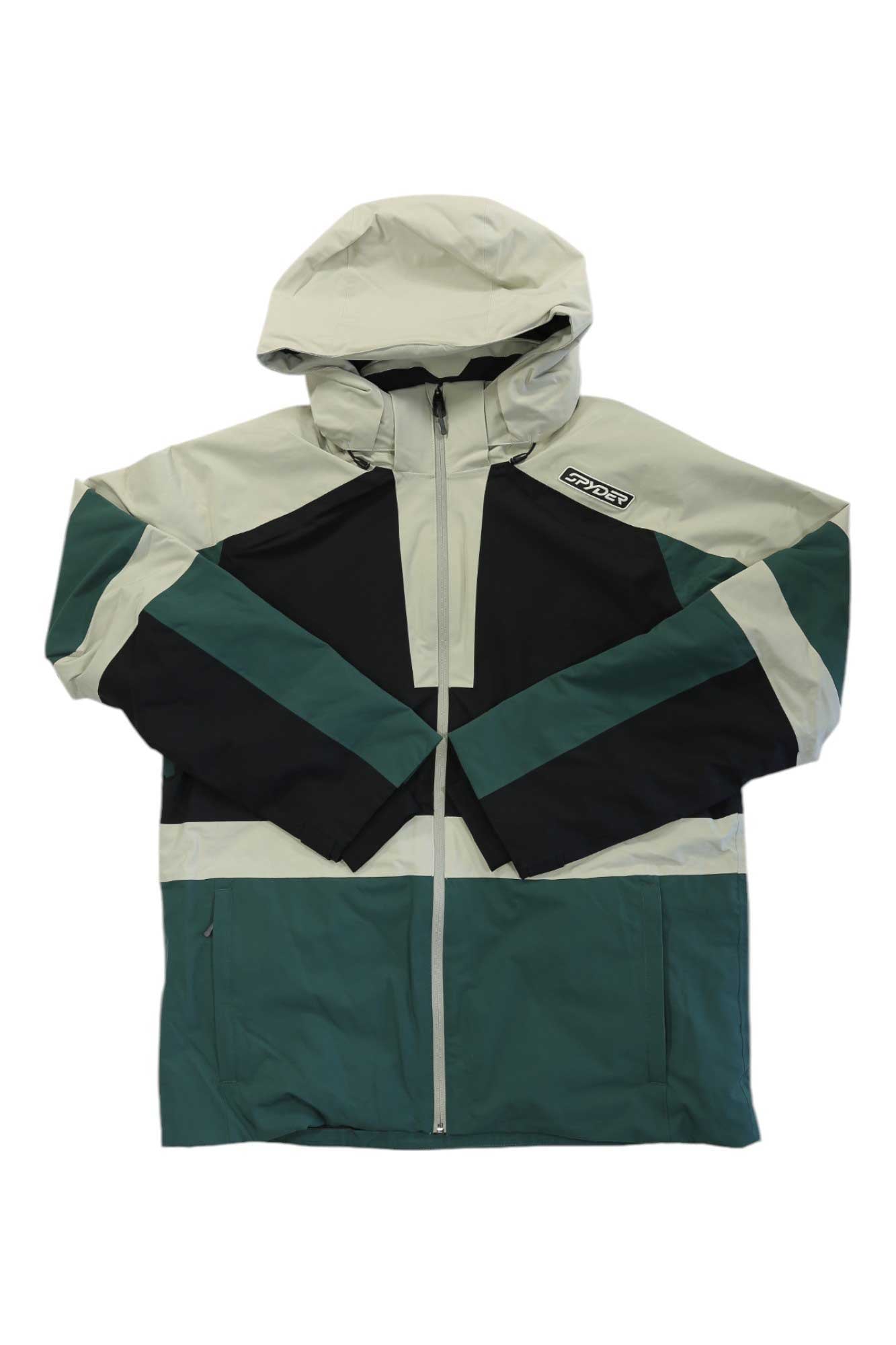 Men's color-block hooded zip jacket in dark green, black, and light gray