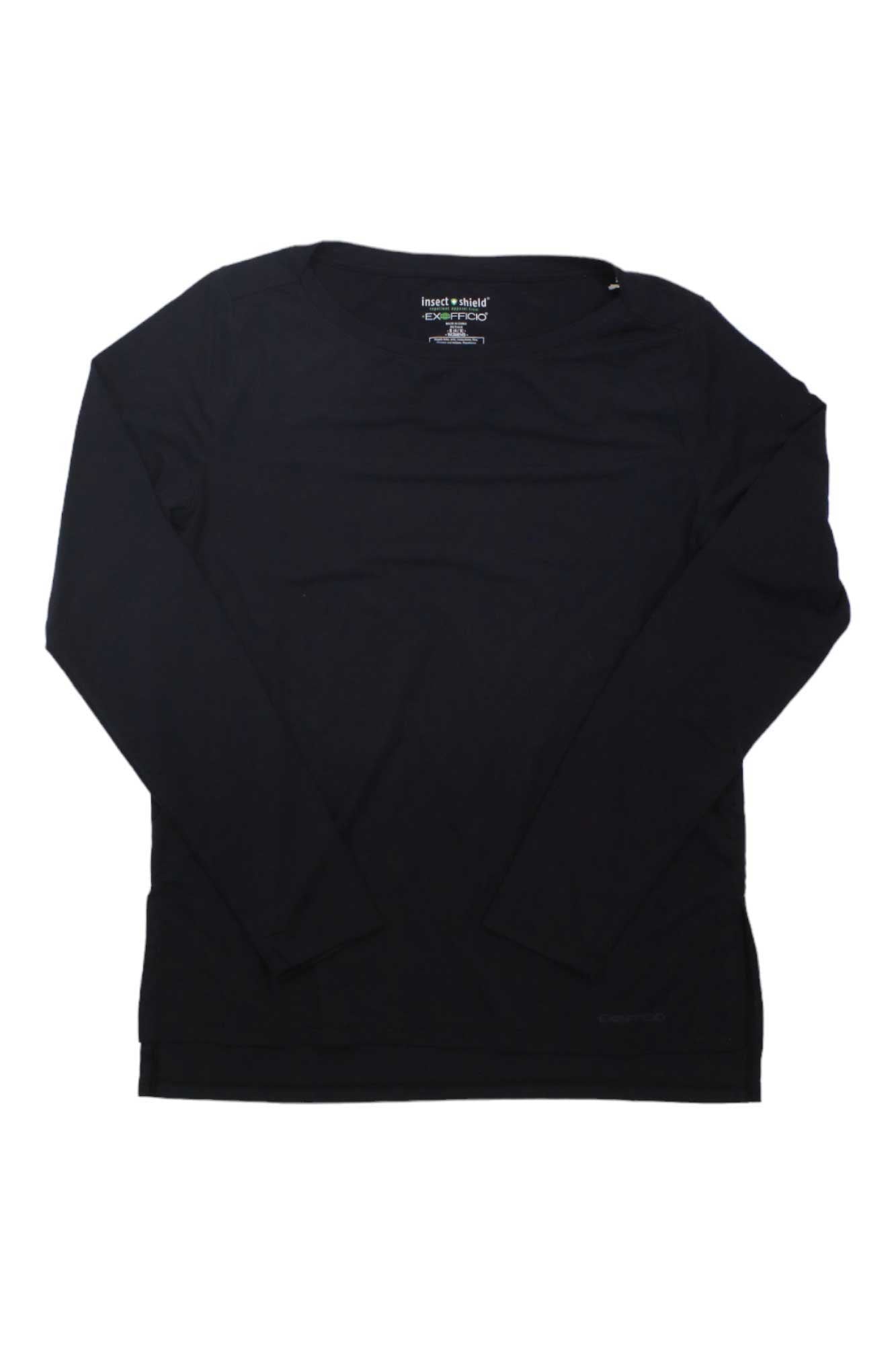 The ExOfficio Women's BugsAway Wanderlux Crew LS Top is a plain black long-sleeve shirt with a round neckline and straight hem, laid flat on a white background—perfect sun-protective clothing for everyday wear.