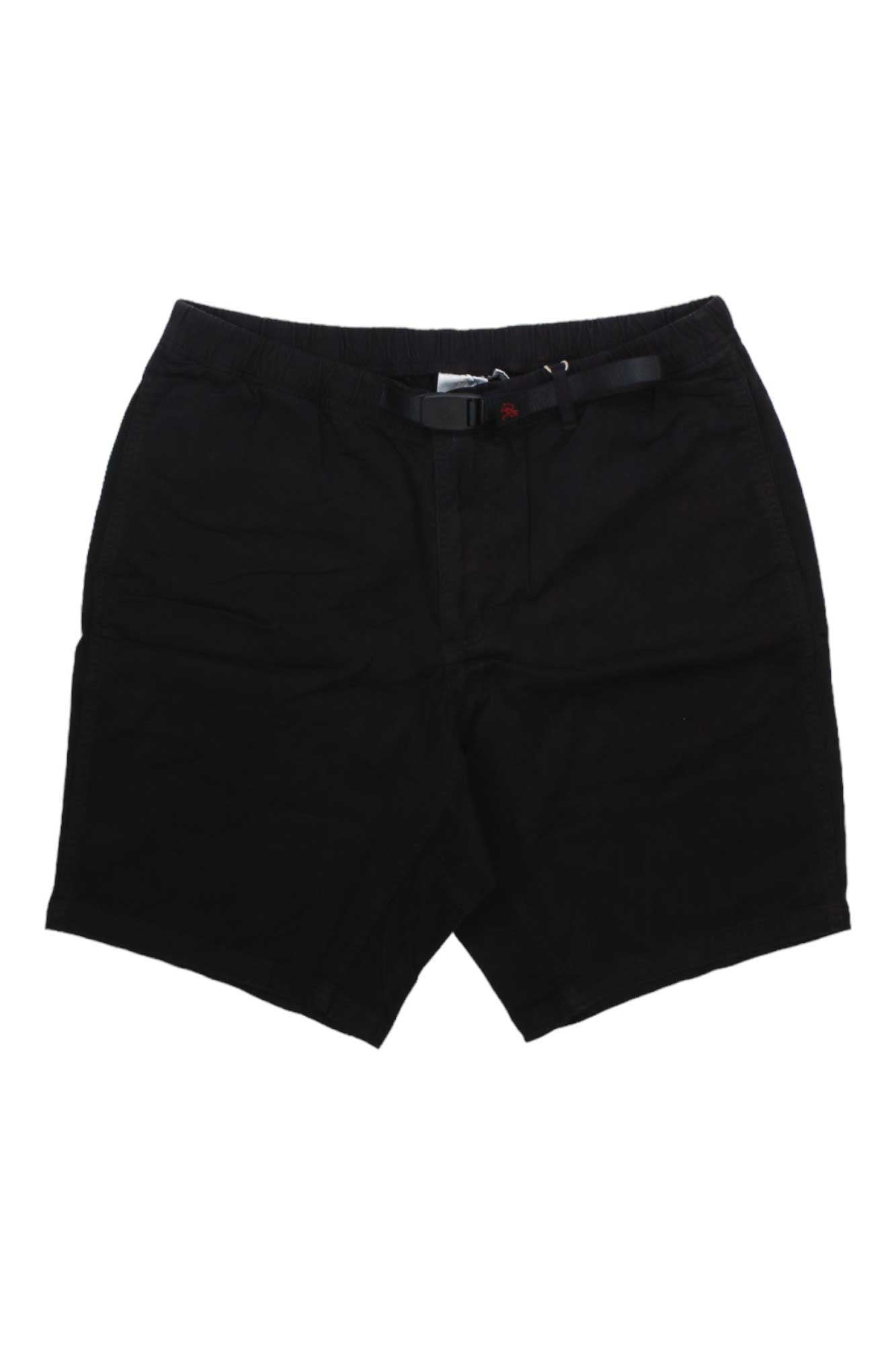 The Gramicci Mens NN-Short, black hiking shorts with an adjustable elastic waistband, side pockets, and a built-in black buckle belt, shown against a white background.