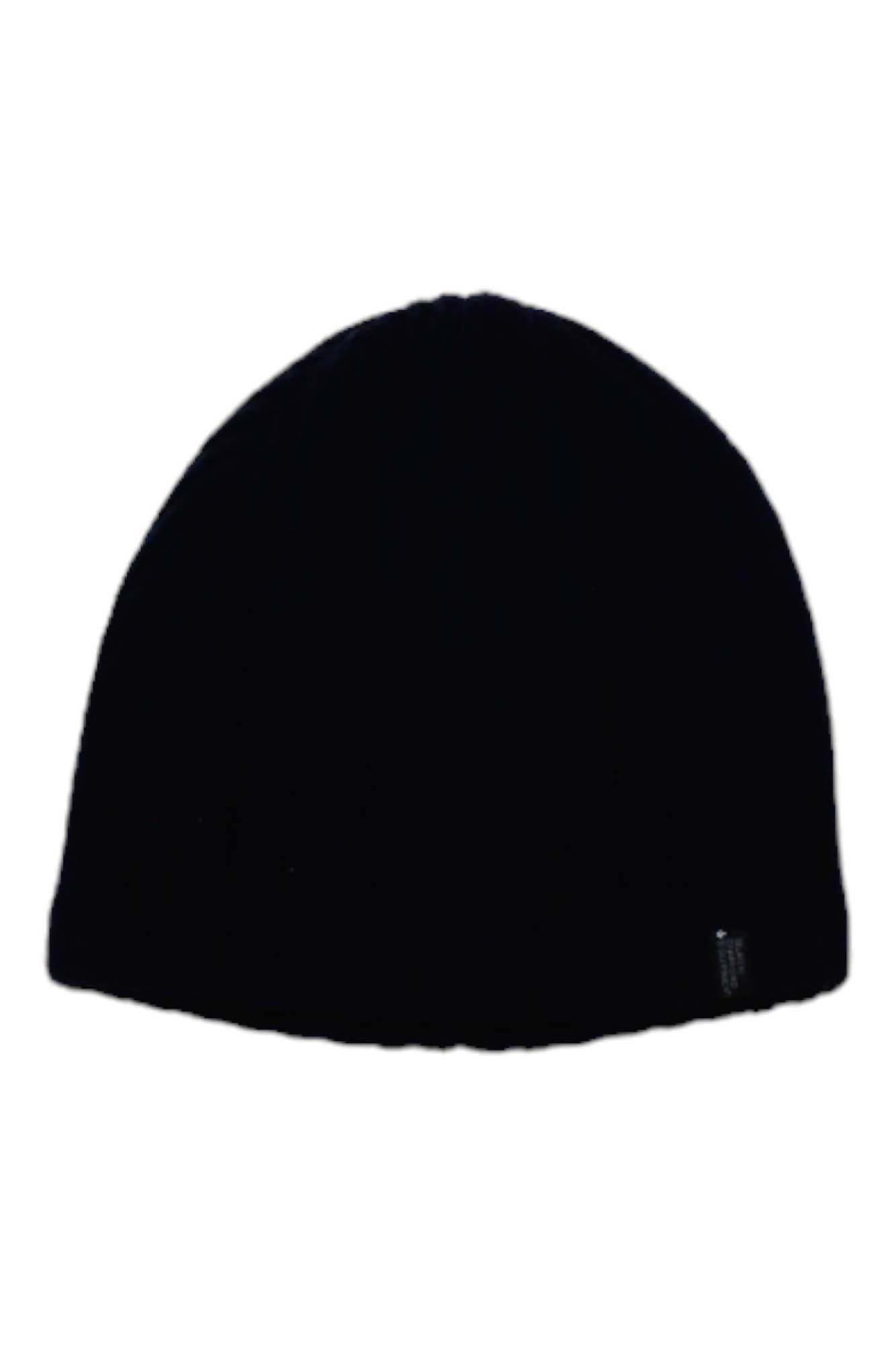 The Black Diamond Womens Tracks Beanie is a plain black knit hat with a small rectangular tag on the bottom edge, shown on a white background.