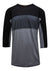 The Smartwool Men's Merino Sport 120 Mountain Biking 3/4 Sleeve Tee features black raglan sleeves and a three-tone gray body, offering comfort and style for mountain biking or everyday wear.