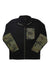 The Roark Mens Landfall Fleece is a black zip-up jacket with camouflage-patterned elbow patches and a matching camo pocket on the left chest—ideal as a Polarfleece layer for hiking.